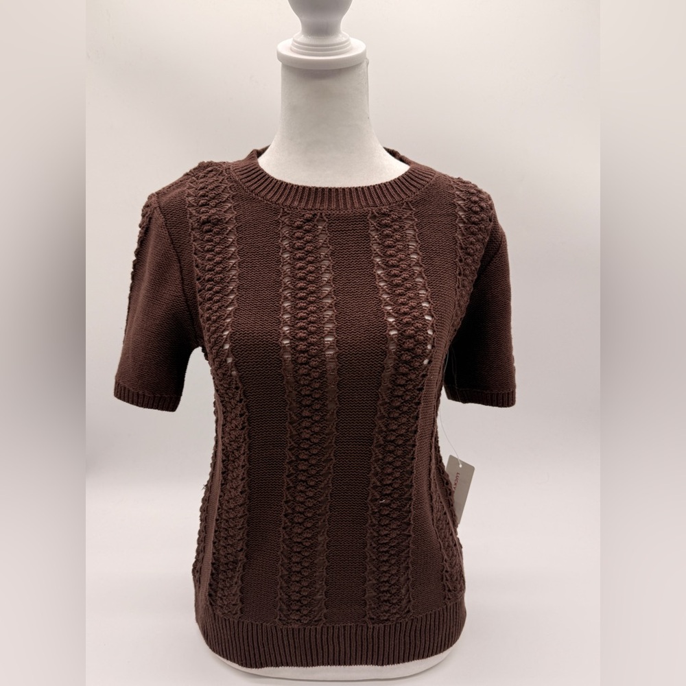 Lucky‎ Brand Brown Crochet Knit Sweater NWT Size M Short Sleeve Feminine Spring